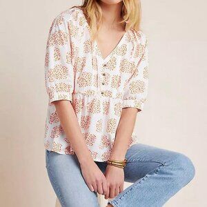 Anthopologie Moglea Danae Poplin Babydoll Blouse Sz XS White/Orange Boho NWT